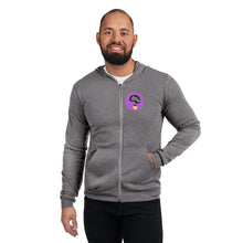 Load image into Gallery viewer, Pod Therapy Zip Hoodie PRINT ON BACK - Purple Logo
